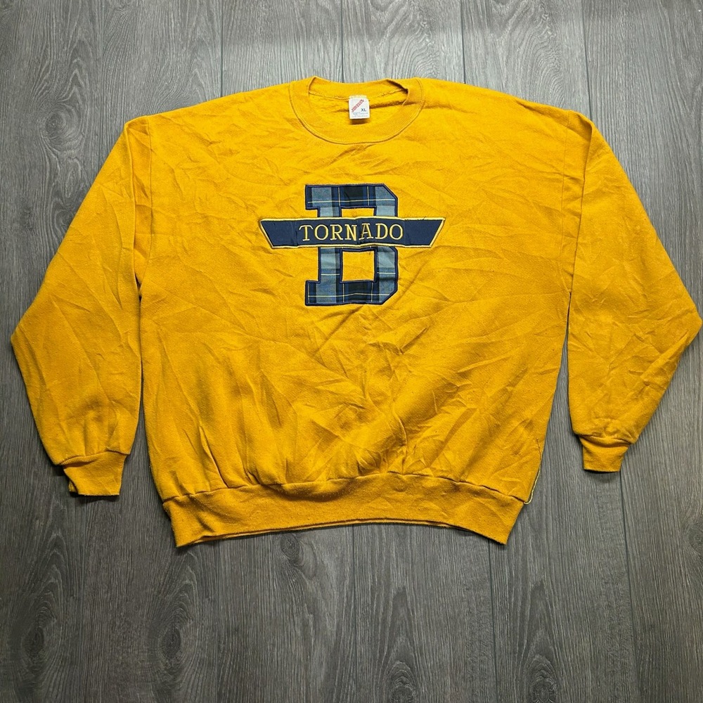 Vintage 90s Tornado Plaid B XL Graphic Sweatshirt Yellow Mens Jerzees  USA Made
